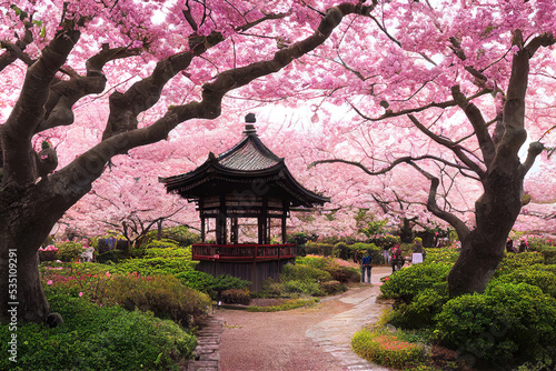 Beautiful japan temple in blossoming sakura garden, pink cherry trees, nature background wallpaper © Gbor