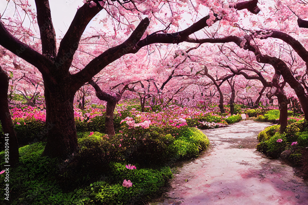 Beautiful cherry blossom sakura garden, spring nature background wallpaper