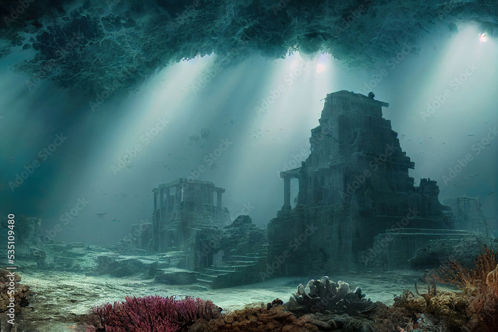 ancient underwater city, ocean scene, atlantis , fantasy background