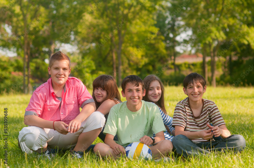 Teenagers boys and girls sitting on the meadow grass on a sunny summer day Teenagers boys and girls sitting on the meadow grass on a sunny summer day