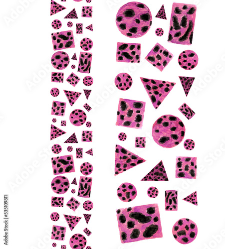 Watercolor border savannah animal skin, cheetah cat and geometry shape on white background for your design