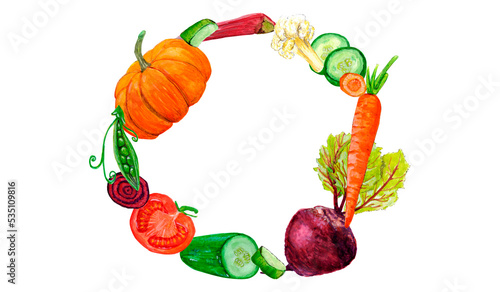 Watercolor frame template vegan vegetable, fresh food on white background for your design