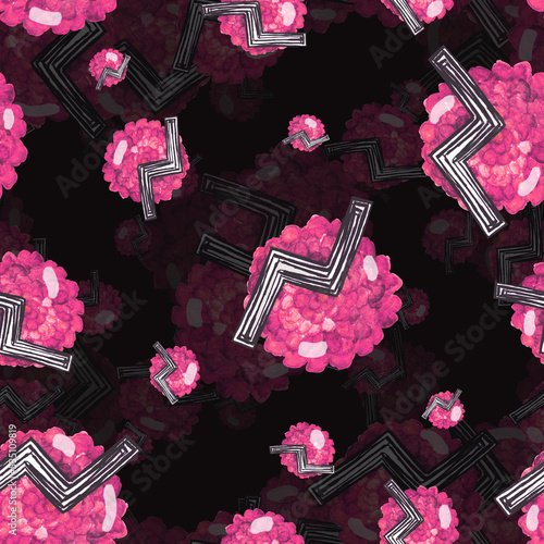 Watercolor pattern pink hydrangea flower and geometry shape on dark background for your seamless design