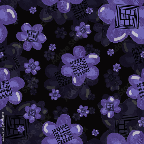 Watercolor pattern blue velvet flower and geometry square on dark background for your seamless design