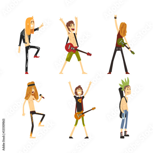 Rock musicians playing guitars and singing set. Rockers characters performing on stage cartoon vector illustration