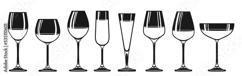 Wineglass different types stamp or icon set. Glass for red, sparkling wine champagne liquor alcohol beverages, engraving various shapes. Winemaking monochrome advertisement design for restaurant