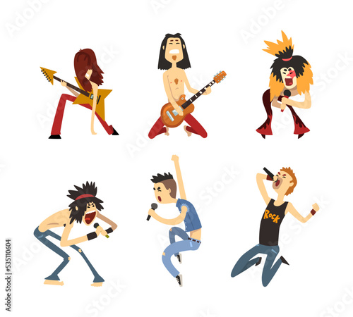 Rockers playing guitars and singing set. Male rock musicians performing at concert or music festival cartoon vector illustration
