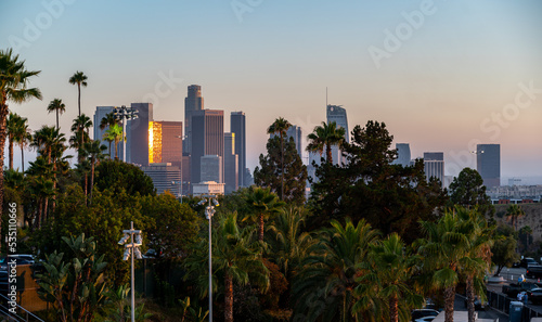 Evening photo of the Los Angeles skyline from Dodger Stadium