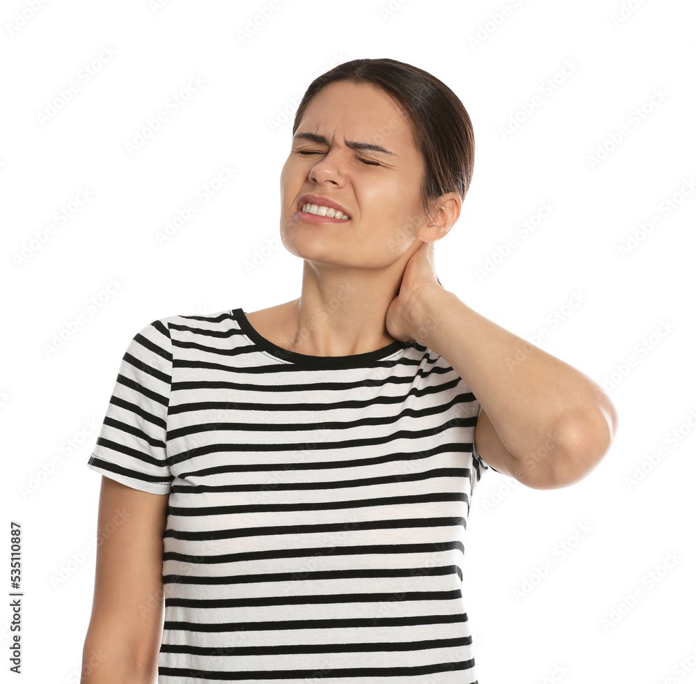 Young woman suffering from neck pain on white background Young woman suffering from neck pain on white background
