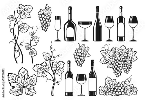Wine products cartoon set. Wineglass and bottle, vine grapes vintage hand drawn design. Wine or champagne bottles alcohol bar, advertisement spirits design for cafe, restaurant vector illustration