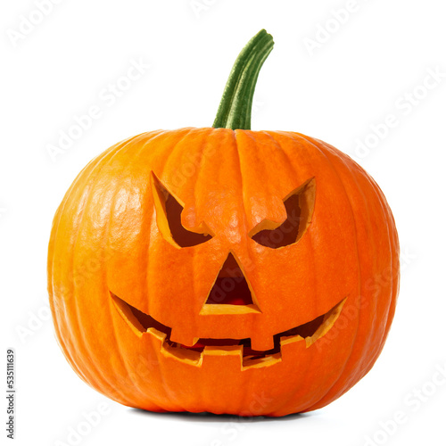 Scary jack o'lantern pumpkin isolated on white. Halloween decor