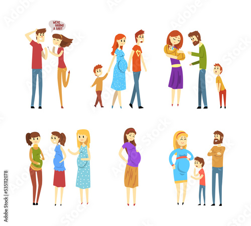 Pregnancy and maternity set. Happy families expecting babies vector illustration