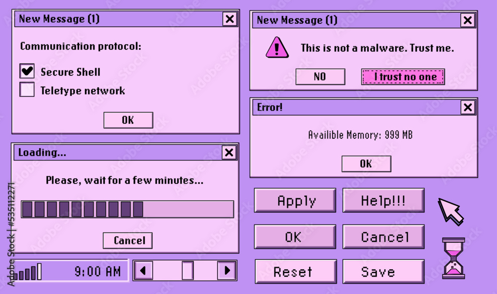 Cute retro vaporwave style collage of user interface elements. Pixelated Y2K window boxes, tabs, buttons.