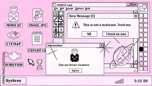 PC desktop with start menu, window boxes and icons in retro Y2K or 2000's style. Collage of UI and UX design elements in pastel pink colors.