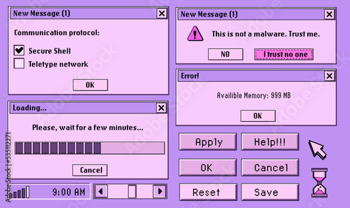 Cute retro vaporwave style collage of user interface elements. Pixelated Y2K window boxes, tabs, buttons.