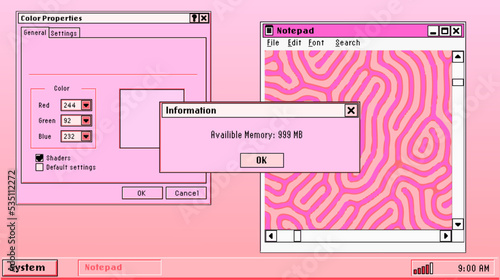 PC desktop with start menu, window boxes and icons in retro Y2K or 2000's style. Collage of UI and UX design elements in pastel pink colors.
