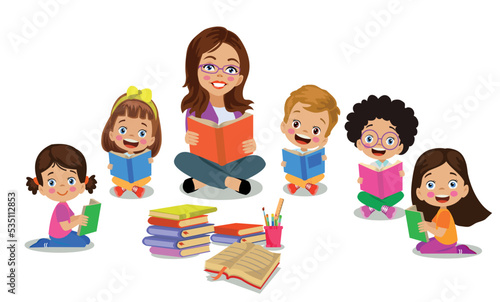 teacher reading books in class with students