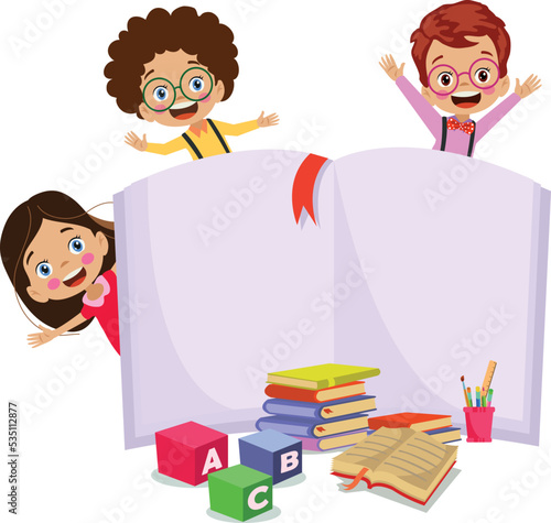 cute happy students reading books photo