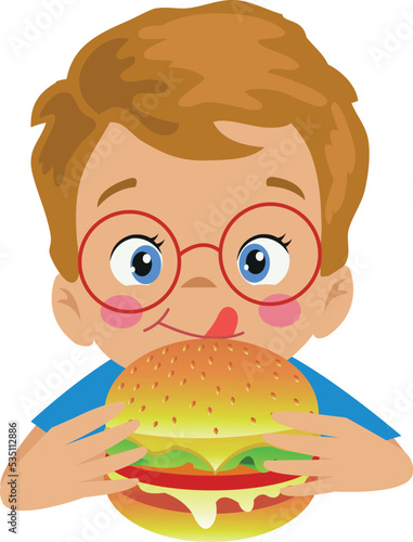 cute happy boy eating hamburger