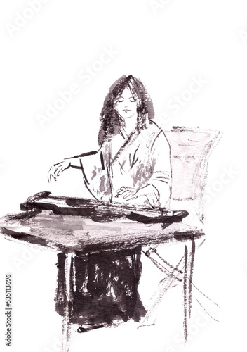 chinese girl musician in chinese costume playing guqin, ink drawing in chinese style photo