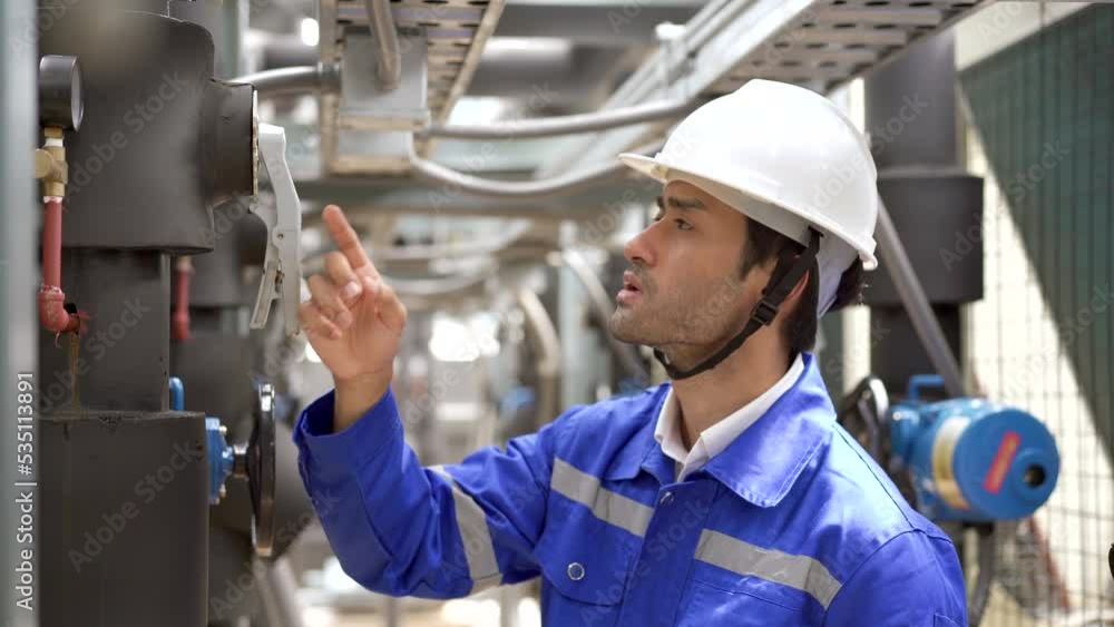 Building system engineer inspecting or checking an air compressor on the building rooftop. Building system engineer inspecting or checking an air compressor on the building rooftop.