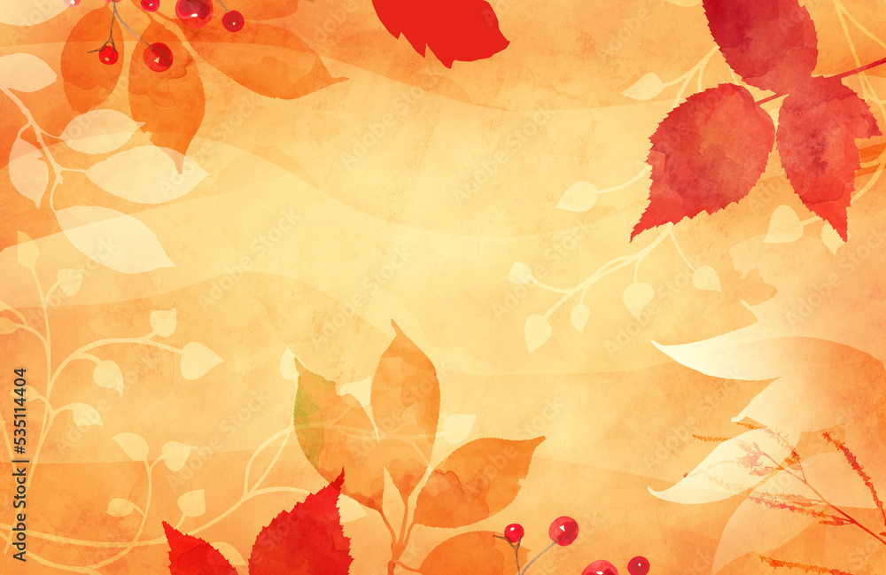Autumn or fall leaves in floral watercolor background for thanksgiving or fall designs, orange red and peach colors, abstract outlines of leaves and ivy vine on border of orange background
