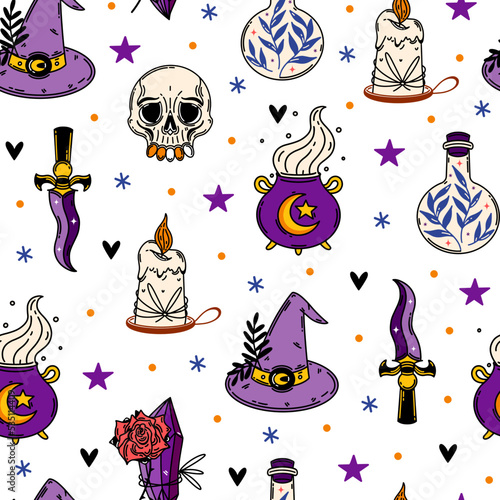 Halloween seamless vector pattern. Autumn holiday symbol - witch hat  ritual blade  magic elixir  candle  cauldron  crystal. Bright flat illustration  cartoon. Background for wallpaper  wrapping  web