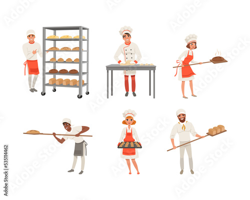 Professional bakers baking bread and pastries set. Bakehouse workers with freshly baked bread and buns vector illustration