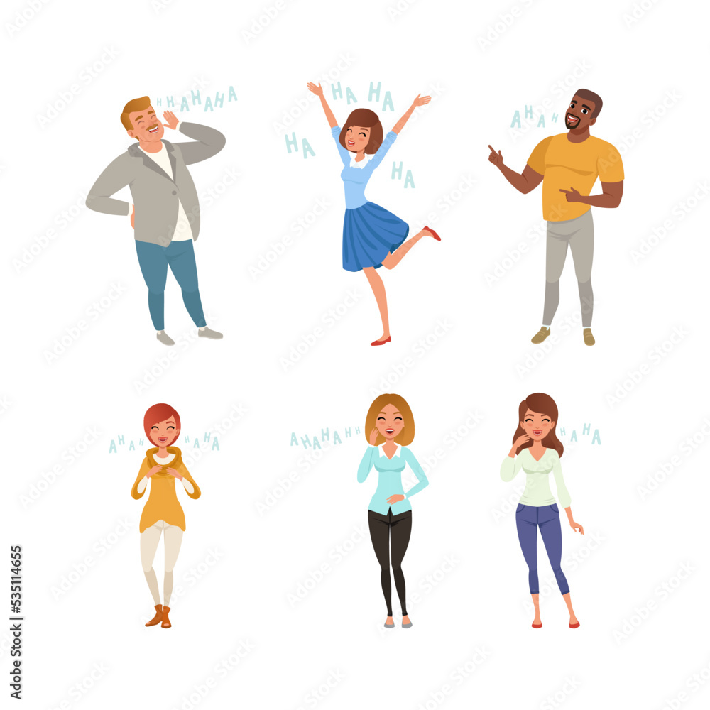 Obraz premium Set of diverse people laughing out loudly. Happy joyful men and women vector illustration