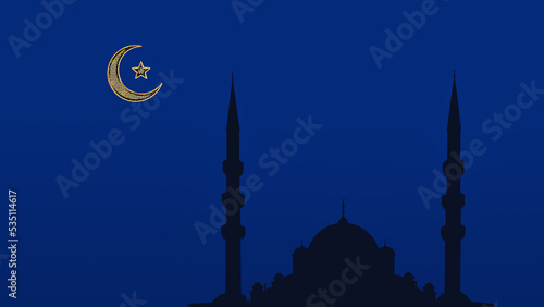 silhouette islamic mosque with background of symbol of moon and star on blue sky
