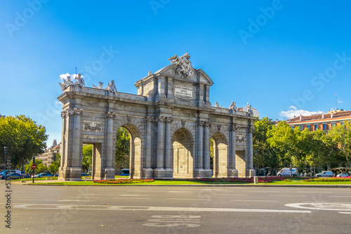 Puerta de Alcalá (Alcalá Gate) in Plaza de la Independencia (Independence Square), Madrid, Spain.