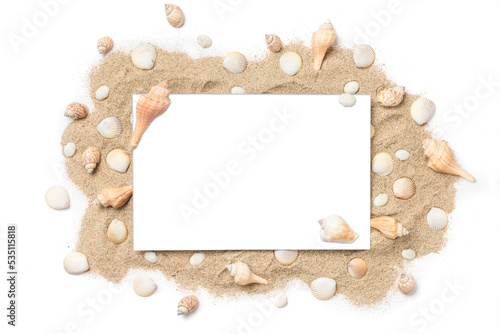 '"summer"  text overlay on sand and sea shells. Beach summer new years theme.