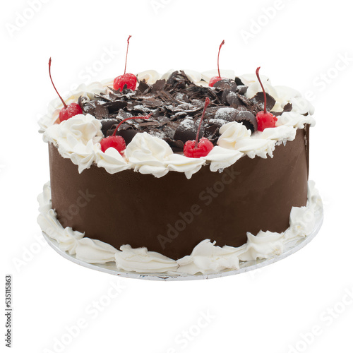 Chocolate cake with cream and cherries  floating above brown background with copy space.