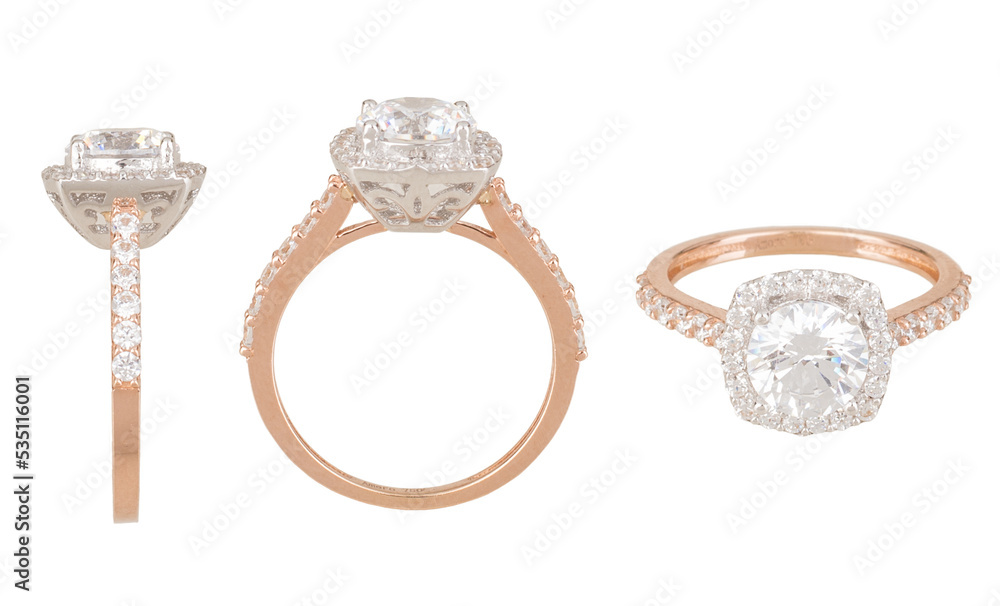 diamond engagement ring from different angles isolated with no background  - obrazy, fototapety, plakaty 