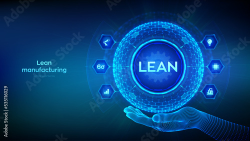 Lean. Six sigma smart industry, quality control, standardization. Lean manufacturing DMAIC. Business and industrial process optimisation concept. Hexagonal grid sphere in wireframe hand. Vector.