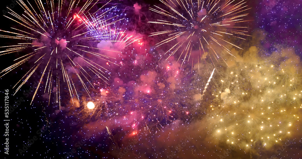 Fototapeta premium Purple Firework celebrate anniversary happy new year 2023, 4th of july holiday festival. Purple firework in night time celebrate national holiday. Violet firework Countdown to new year 2023 festival