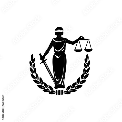 Lady Justice, justitia goddess logo for attorney and law simple clean minimalist modern silhouette statue black icon design.