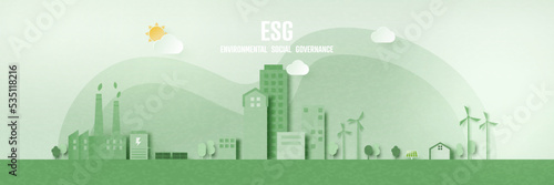 Green eco friendly cityscape and Green industry background.Alternative renewable energy.Paper art of ecology and environment concept.