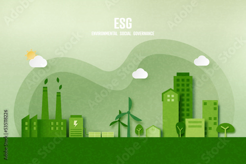 Green industry and alternative renewable energy.Green eco friendly cityscape background.Paper art of ecology and environment concept.