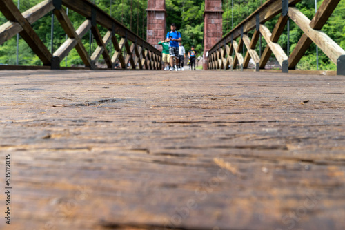 barranca huentitan, guadalajara, old wooden floor, wooden beams and crossbeams, mountains and tensioned cables, vegetation in the background