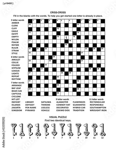Puzzle page with two puzzles: 19x19 criss-cross crossword word game (English language) and visual puzzle with keys
 photo