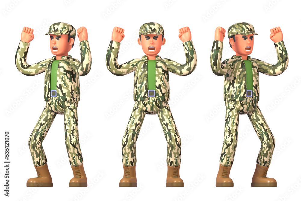 Fototapeta premium 3d render of soldier in military uniform angry, shouting in rage