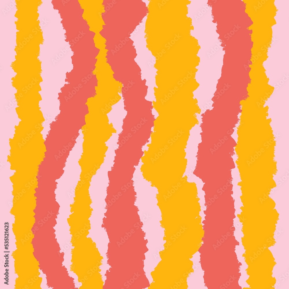 Obraz premium Hand drawn seamless pattern with stripes lines geometric abstract shapes in red orange yellow colors. Mid century modern background for fabric print wallpaper wrapping paper. Contemporary trendy fluid