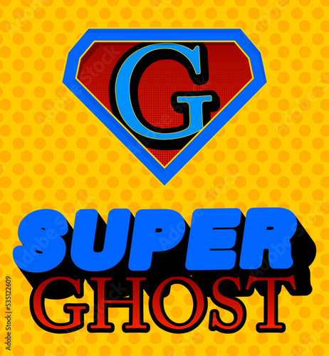 Superhero coat of arms showing Super Ghost icon. Colorful comic book style vector illustration.