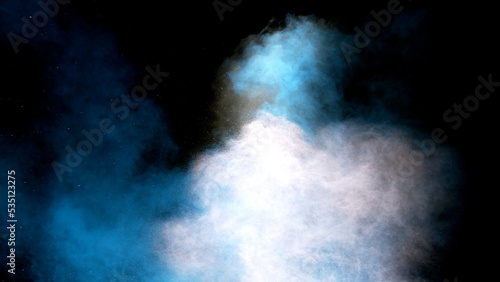 Scene glowing blue, white smoke. Atmospheric smoke, abstract color background, close-up. Royalty high-quality free stock of Vibrant colors spectrum. Blue, white mist or smog moves on black background © jang