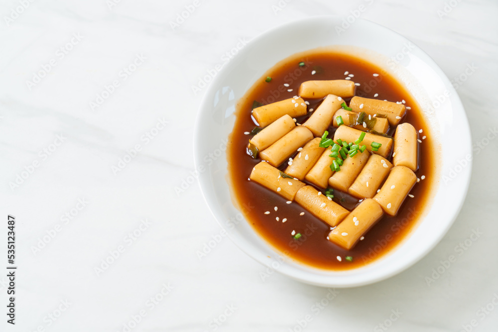 Spicy Jjajang Tteokbokki or Korean rice cake in spicy black bean sauce Spicy Jjajang Tteokbokki or Korean rice cake in spicy black bean sauce