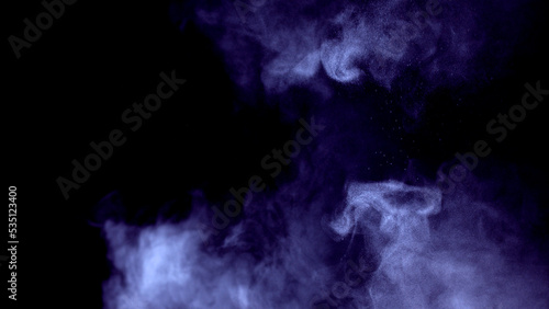 Scene glowing violet, purple smoke. Atmospheric smoke, abstract color background, close-up. Royalty high-quality free stock of Vibrant colors spectrum. violet mist or smog moves on black background