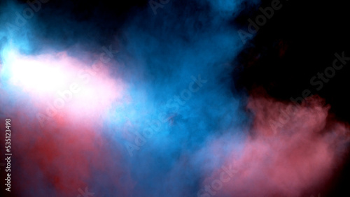 Scene glowing blue  red  pink smoke. Atmospheric smoke  abstract color background  close-up. High-quality stock of Vibrant colors spectrum. Blue  red  pink mist or smog moves on black background