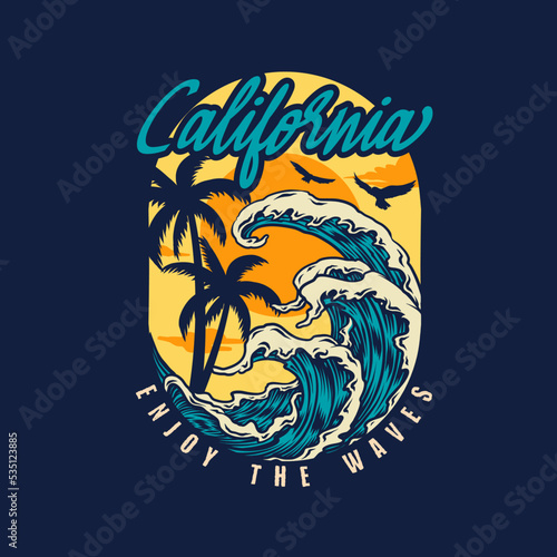 California t-shirt design with waves, palm trees and sun. Vector illustration. © Amillustrated