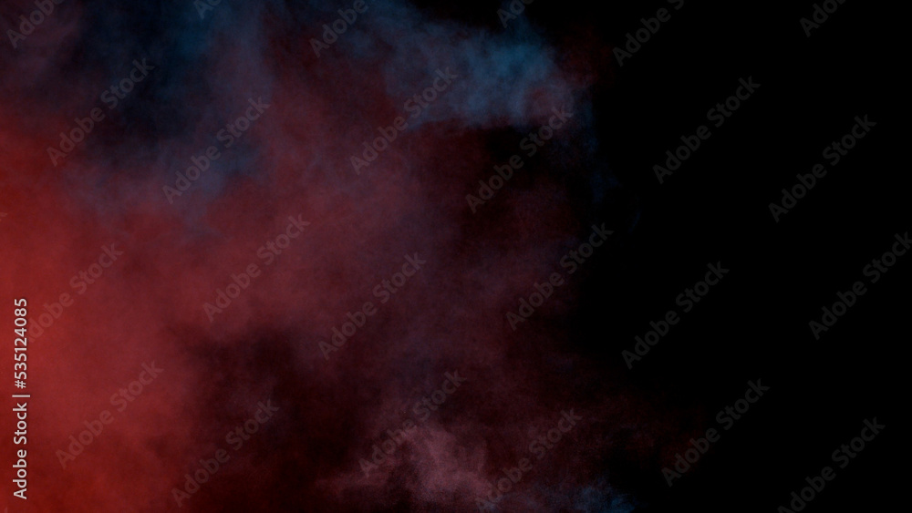 Scene glowing red green smoke. Atmospheric smoke, abstract color background, close-up. Royalty high-quality free stock of Vibrant colors spectrum. Red blue mist or smog moves on black background